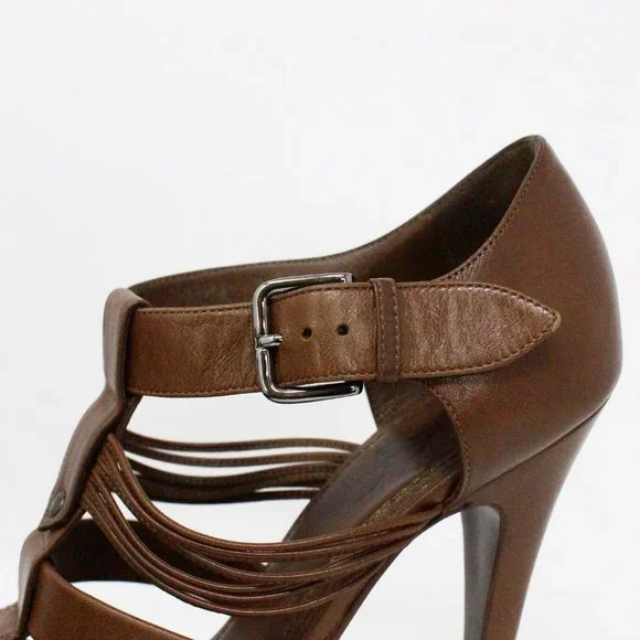 YSL #36155 Brown Leather Tribute T-Strap Platform Heels (US 8 EU 38)